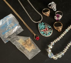 Turquoise Silvertone, Plastic Crystal & Rose Goldtone Necklaces, Heart Necklaces New In Package, Rings
