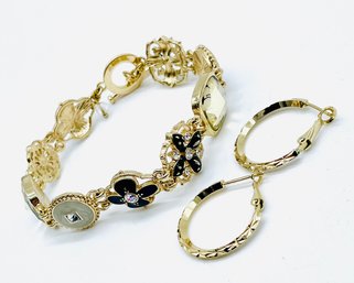 Napier Gemstone And Goldtone Bracelet. Goldtone Hoop Pierced Earrings.