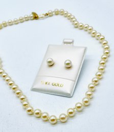 Pearl Pierced Earrings. 14 Karat Gold Posts. Faux Pearl Necklace. Made In Japan.