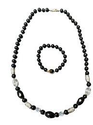 Black Glass Bead Yin & Yang Necklace & Bracelet- Necklace Is 25