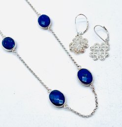 Sterling Chain & Blue Gemstones. See Photo For Marking. Pierced Earrings Magnet Tested Silver. No Markings..