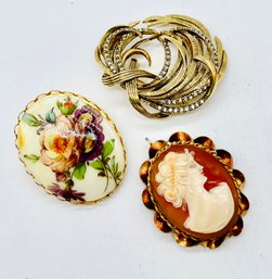 Brooches: Goldtone Swirl With Gemstones, Cameo With Copper Accent, Flowers