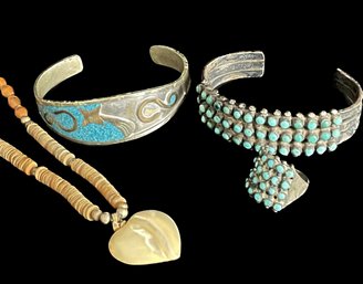Bracelets: Turquoise, Silvertone. Wood Bead Necklace With Heart-shaped Stone Pendant
