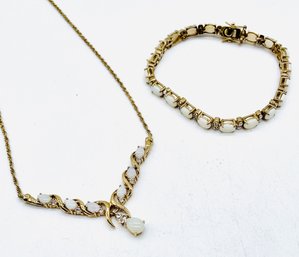Necklace & Matching Bracelet. Opals And Gemstones. See Photos For Markings. Bracelet Clasp Marked 18 Karat.