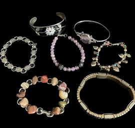 Bracelets: Mother Of Pearl Mexico, Childs Bracelet With Hearts, Gemstones, Silvertone, Goldtone