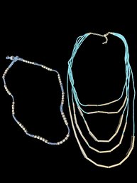 Blue String Necklaces With Silver Colored Accent Beads- 24 & 21