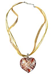 Glass Heart Pendant Necklace On 21.5 Ribbon