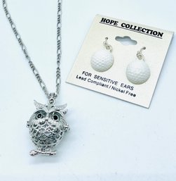 Silvertone Owl Locket/pendant And Chain. Golf Ball Pierced Earrings.