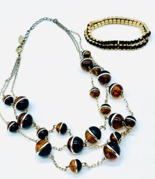 Goldtone Clearwater Creek Necklace With Black & Brown Beads. Black Rhinestone And Goldtone Bracelet.
