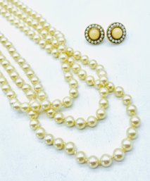 Pearl Necklace With Gemstone Clasp. Pearl And Gemstone Pierced Earrings With Goldtone Back