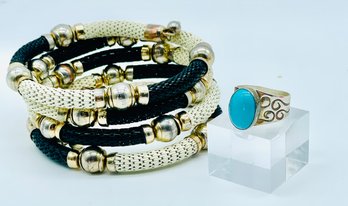 Silvertone, Black & Light Beige Bracelet. Sterling Ring With Turquoise. See Photos For Marking And Size.