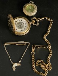 Goldtone & Silvertone Train Pocket Watch, Watch Pendant, Fish, Tie Clip With Mother Of Pearl. Watches Untested