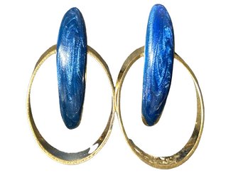 Metallic Blue & Gold Color Earrings- Chip In Gold Hoop On One Earring