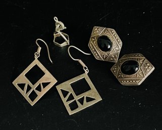 Pierced Earrings And Charm Marked Silver 925. Octagon Earrings With Gemstone Tested Positive For  Silver.
