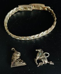 Chain Bracelet. Ski Boot And Horse Charms. All Items Tested Positive For Silver. No Markings.