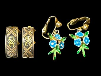 Colorful Flower With Gold Color Accents & Rectangular Clip On Earrings