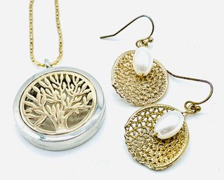 Goldtone Chain. Silvertone & Goldtone Tree Pendant/locket. Faux Pearl And Goldtone Pierced Earrings.