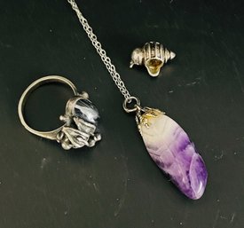 Silver Chain With Gemstone. Silver Ring, Silver Bumblebee Charm. See Photos For Markings.