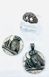 Sterling Owl Ring, Pendant, Pocket Charm. Pendant & Charm Magnet Tested Silver. No Markings.