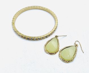 Goldtone Rhinestone Bangle Bracelet. Light Green Gemstone Goldtone Pierced Earrings.