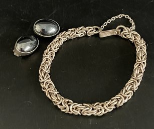 Sterling Clip Earrings With Gemstone. Silver Bracelet Marked 875
