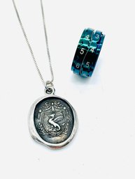 Guardian &  Protector Dragon Crest Sterling Pendant Sterling Chain Made In Italy. Iridescent Green Ring.