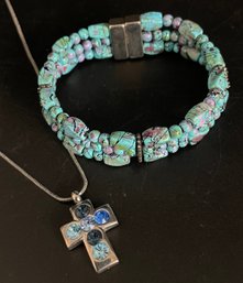 Turquoise Bracelet With Magnet Clasp. Silver Chain Necklace. Silver Crucifix With Blue Gemstones.