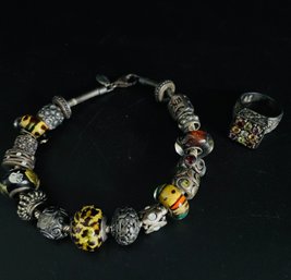 Silver Beaded Bracelet. Silver Ring With Gemstones. Marked 925.