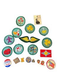 Assortment Of Merit Badge Patches And Pins