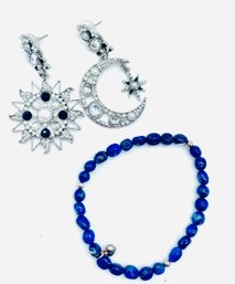 Sun & Moon Pierced Earrings, Blue Gemstones, Pearls & Rhinestones. Dark Blue Bead Bracelet.