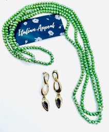 33'long Green Crystal Bead Necklace. Goldtone Dangle Pierced Earrings With Black Accent.