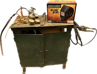 Welding Cart With Wire Feed Welder, Torch, And New In Box Chicago Welding Helmet -cart Is 42x18x41