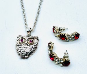 Sterling Owl With Gemstone Pendant & Chain. Rhinestone & Red Gemstone Pierced Earrings.