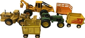 Vintage Farm Equipment Toys From Tonka, John Deere, And CAT (Largest 9.5x4x4.25)