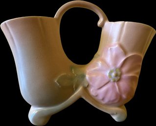 Weller Pottery Double Vase W/ Handle ~ Tan / Green Dogwood Pattern