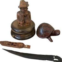 Swiss Music Box Wood Carving Man With Pipe (untested), Wood Carved Turtle. Wood Letter Openers.