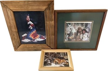 Collection Of Framed Native American And Wildlife Themed Prints (3) Largest Print Is 14x12