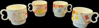 Four Tea Cups: White With Bright Color Designs - 4'