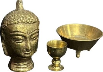 Small Brass Buddha Head With Base & Goblet. Head & Base Are An Incense Burner.