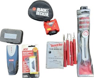 Small Tool Collection Including Black & Decker Lazer Level, Razer Blades, Allen Wrenchs, Stud Finder, & More