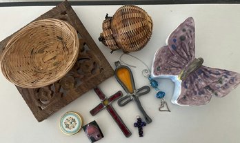 Small Basket, Crosses, Ceramic Butterfly