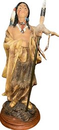 Ceramic Native American Warrior Statue With Spear On Wooden Base (12.5x4)