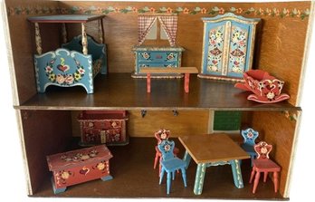 Vintage Two Part Doll House With Miniature Furniture - 15'L