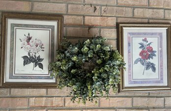 Two Sets Of Framed Photos With A Eucalyptus Wreath In The Middle, Measure 16 X 13, Wreath Measures 14 In