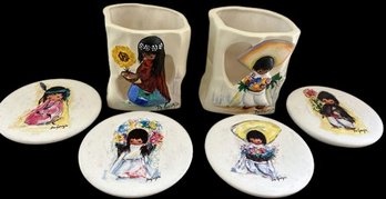 Hand Painted Sandstones Plates And Candle Holders Signed By Artist