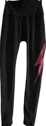 Aviator Nation, XS Ladies, Designer Yoga Leggings, Dark, Gray With Pink Design On Leg