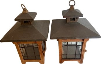 Pair Of Outdoor Decorative Lanterns (no Bulbs)- 11.5Lx11.5Wx17H, Wood Is Weathered