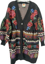 Farm Rio Black Flower Tapestry Cardigan, Flower Tapestry Teal / Size Small
