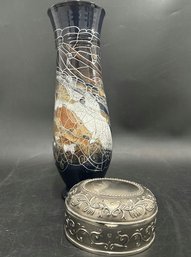 Ceramic Vase And Silver-Plated Trinket Box - Vase Is 13'Tall