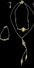 Venetian Mranos Glass Bead Necklaces (2), Matching Bracelet, And Pair Of Earrings - Black And Gold Beads